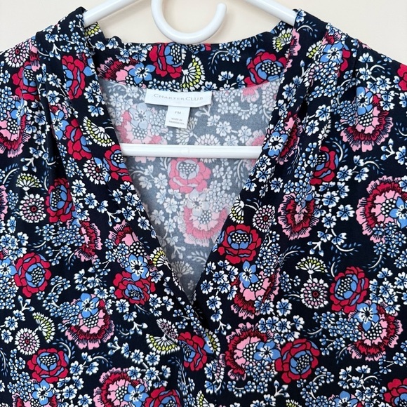 Charter Club Navy Blue Multicolor Floral 3/4 Sleeve V-Neck Blouse size Petite M - Picture 3 of 6